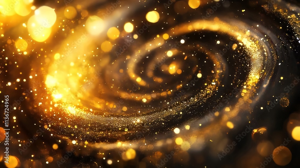 Golden spiral galaxy swirl with bokeh lights. Golden spiral galaxy swirl with bokeh lights.
