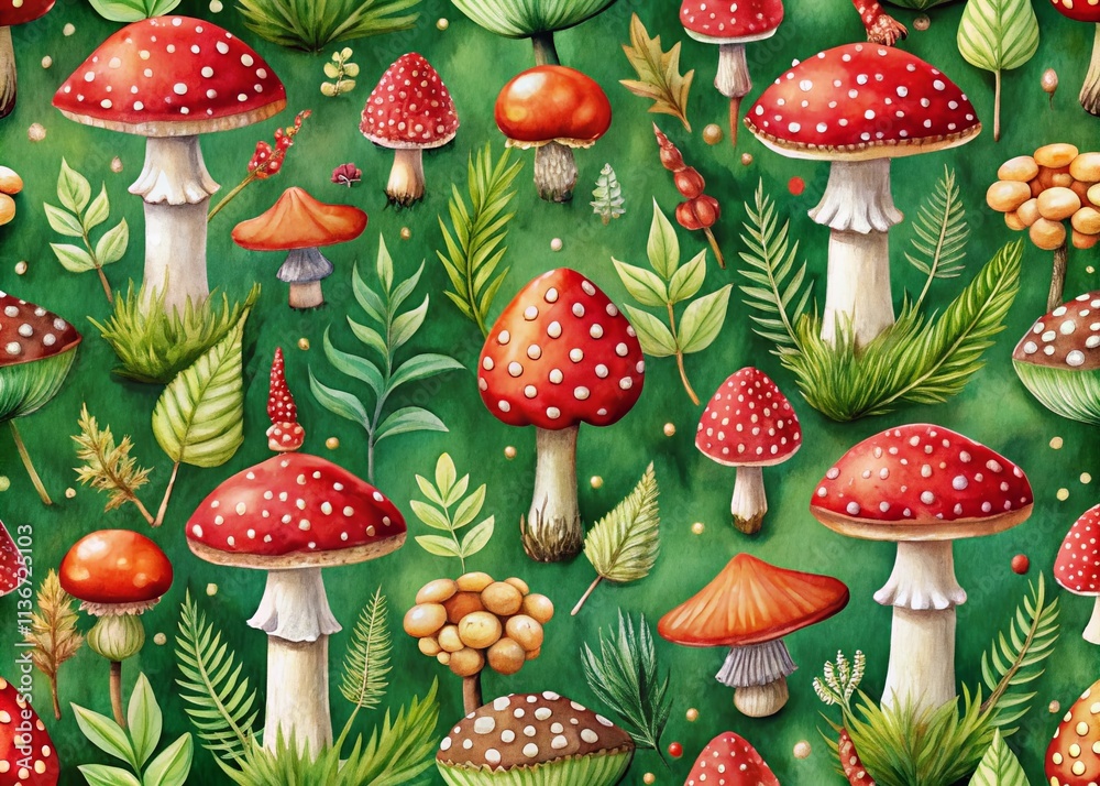 Vivid Watercolor Pattern of Toxic Fly Agaric Mushrooms and Forest Fungi on a Green Background for Textiles, Kitchen Decor, Children's Wallpapers, and Stationery