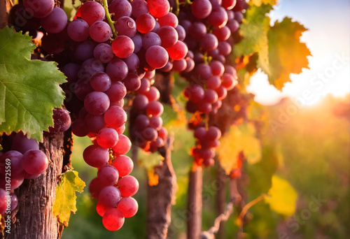 Vine grapes on tree at sunset