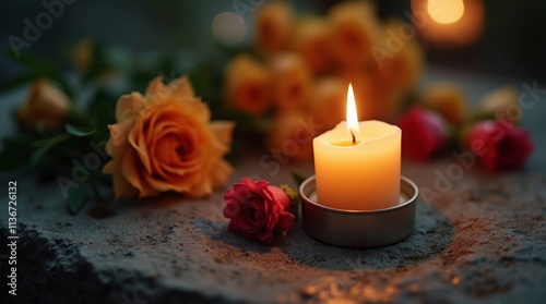 A close-up shot of a lit candle placed on a stone altar, surrounded by flowers, symbolizing reflection