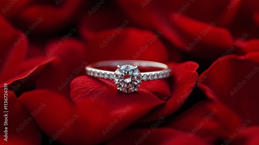 Elegant diamond ring resting on soft red rose petals in a romantic setting Elegant diamond ring resting on soft red rose petals in a romantic setting