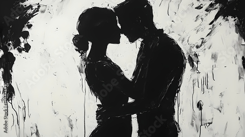 Art painting abstract black and white couple embrace love kiss intimacy romance emotional monochrome figures silhouette passion expression two people. Embrace. Illustration photo