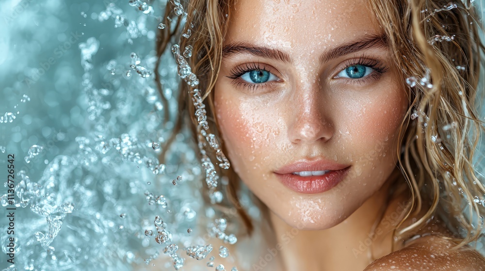 A woman with water droplets on her face A woman with water droplets on her face