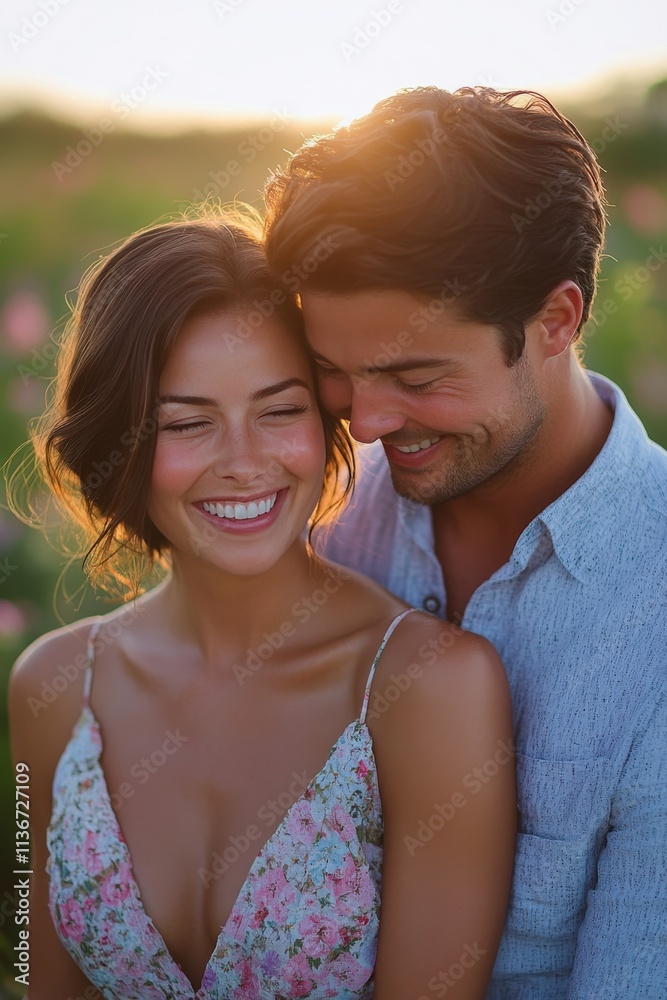 Young couple embraces in a field of flowers during sunset