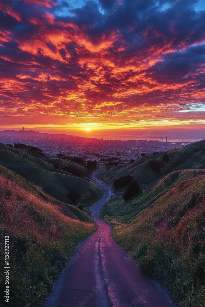 Fototapeta premium Majestic sunset over winding road in a picturesque landscape