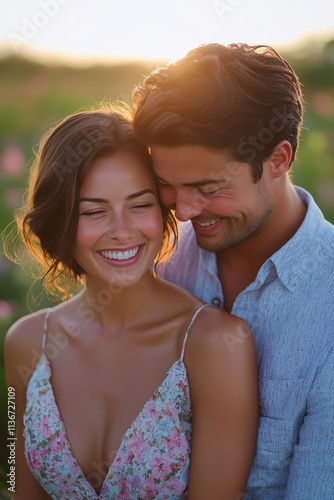 Young couple embraces in a field of flowers during sunset