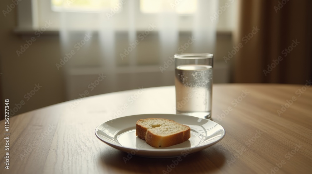 A simple plate with a glass of water and a piece of bread on a wooden table, symbolizing fasting. The natural light from the window creates a serene, peaceful atmosphere. A simple plate with a glass of water and a piece of bread on a wooden table, symbolizing fasting. The natural light from the window creates a serene, peaceful atmosphere.