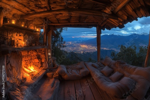 At night, the interior of a comfortable cabin, warmed by a fireplace, showcases a lovely view of San Pablo Lake and the Imbabura Volcano in Ecuador