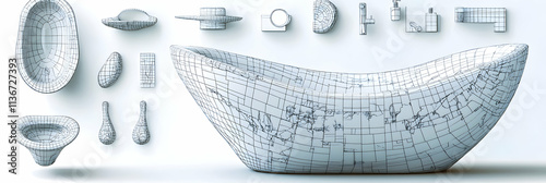 Wireframe Bathtub Design, Global Map Inspired Bathroom Fixture with Accessories photo