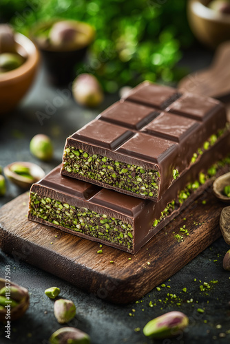 Dubai chocolate bar cut in half with green pistachio kadayif filling with ingredients around. photo