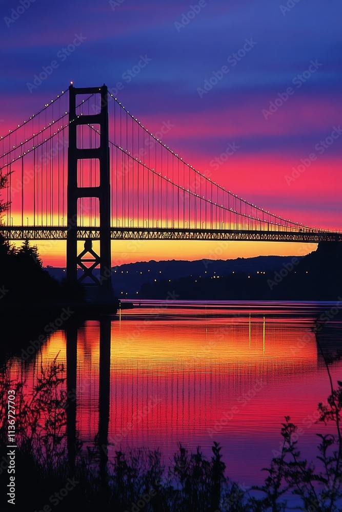 Fototapeta premium Stunning sunset over the golden gate bridge reflecting in the ocean