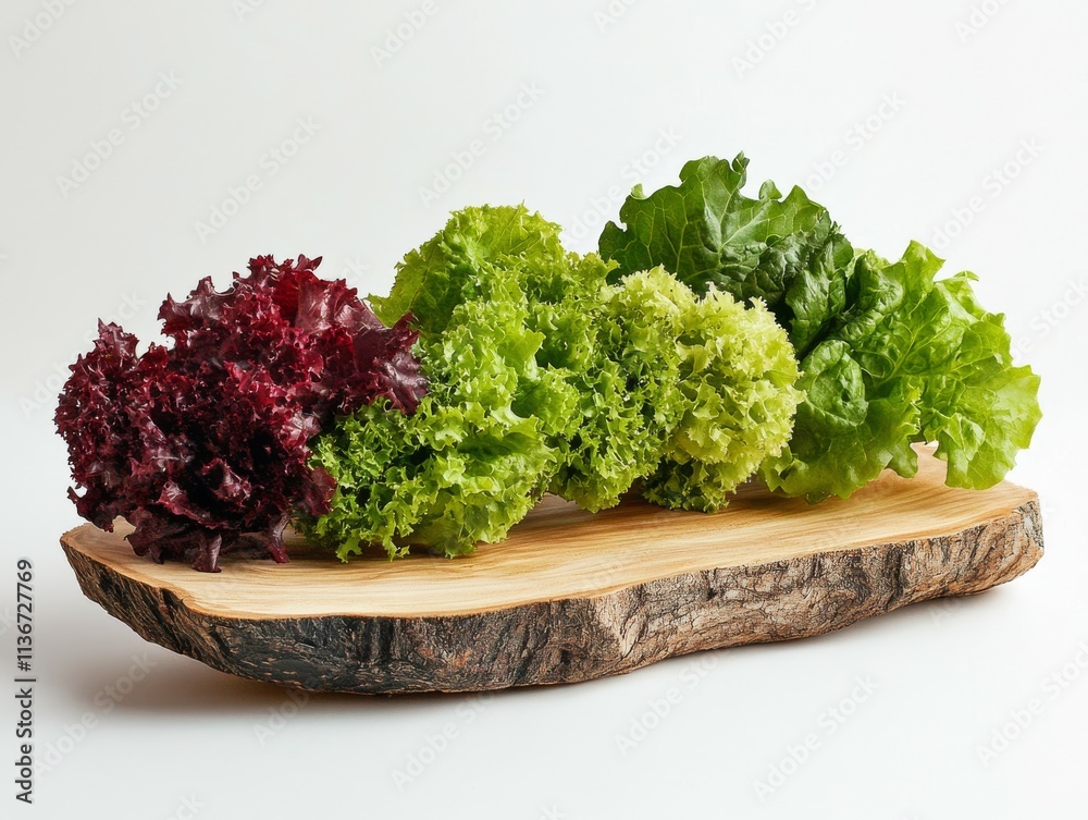 Variety of Fresh Lettuce Leaves Displayed on Wooden Board Variety of Fresh Lettuce Leaves Displayed on Wooden Board