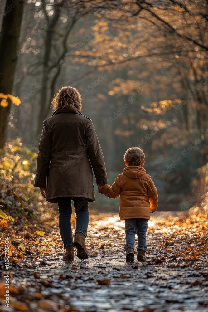 Mother and child walk hand in hand through autumn forest with vibrant orange leaves Mother and child walk hand in hand through autumn forest with vibrant orange leaves