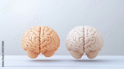 Two detailed brain models side by side, with differing colors, displayed on a white surface against a neutral background, showcasing anatomical features. photo