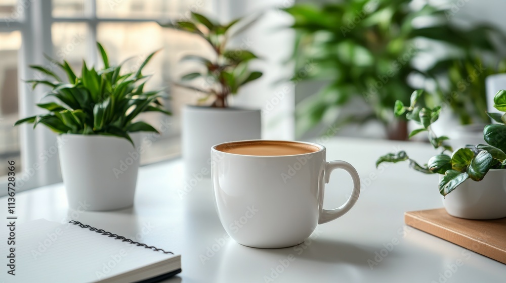 Morning coffee on a table with plants in a bright indoor setting Morning coffee on a table with plants in a bright indoor setting