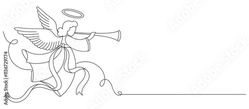 line art drawing of christmas angel. Christmas angel line art .Christmas and religion symbols isolated on white. Angel trumpets  silhouette