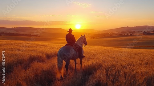Riding into the sunset through golden fields with a horse at dusk