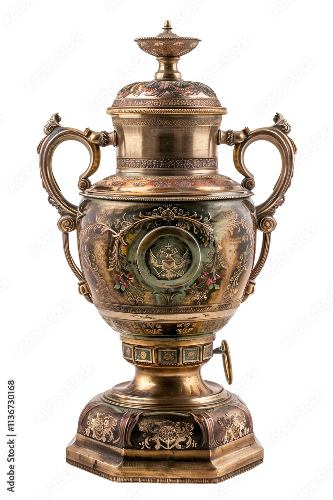 An old Russian samovar, isolated on a transparent background, perfect for cultural, historical, or vintage-themed designs. An old Russian samovar, isolated on a transparent background, perfect for cultural, historical, or vintage-themed designs.