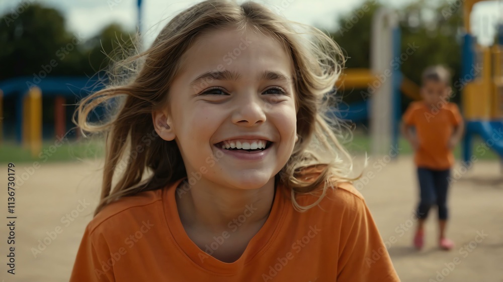 kid caucasian female in orange shirt on playground model portrait giggling for ad concept space for text kid caucasian female in orange shirt on playground model portrait giggling for ad concept space for text