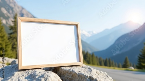 white mockup in wooden frame stands in mountains in summer photo