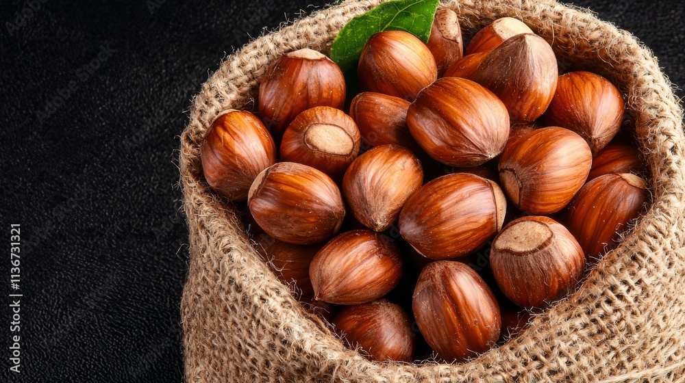 A sack full of hazelnuts on a black background A sack full of hazelnuts on a black background
