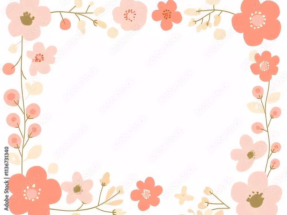Peach and pink floral frame border on white background. Peach and pink floral frame border on white background.