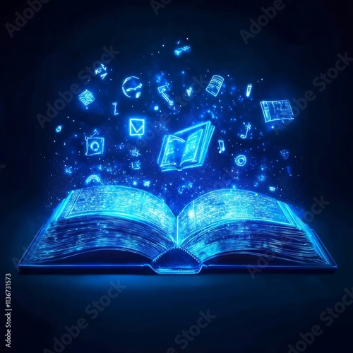 Glowing Neon E Book Symbolizes Digital Learning and Imagination Development photo