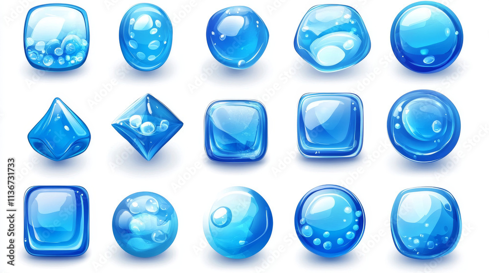 Circle buttons with blue jelly texture and icons for game menu or website. Vector cartoon set of ui elements from water with bubbles, glossy web icons isolated on white background Circle buttons with blue jelly texture and icons for game menu or website. Vector cartoon set of ui elements from water with bubbles, glossy web icons isolated on white background