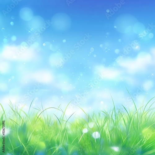 Lush Green Meadow with Sunny Blue Sky and Ethereal Bokeh Lights
