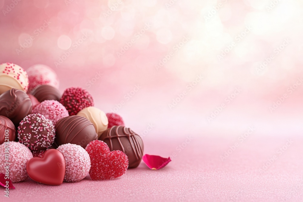 Assorted pink, red, and chocolate truffles with heart-shaped candies on a soft pink background, AI Assorted pink, red, and chocolate truffles with heart-shaped candies on a soft pink background, AI