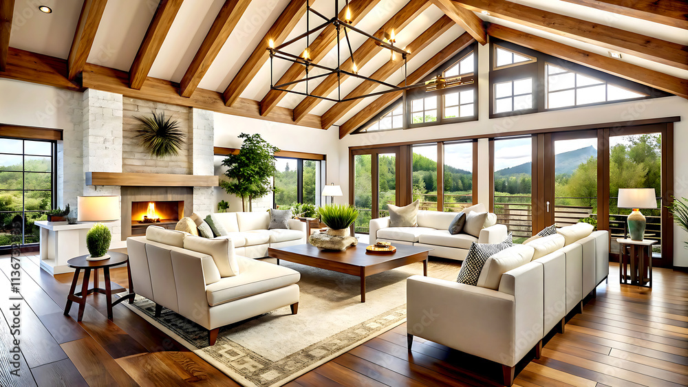 Vaulted ceiling in room with two white sofas and armchairs. Interior design of modern living room with timber beams. Vaulted ceiling in room with two white sofas and armchairs. Interior design of modern living room with timber beams.