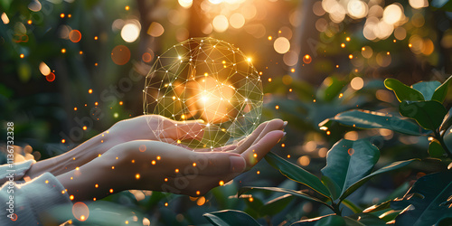 Man Holding Global Network and Data Connections in Hands photo