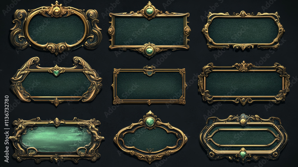 Game ui frames, green medieval borders with gold rims. Interface menu elements, buttons, banners or sign boards with golden ornate vignette and glass plaques. Empty royal gui bars Cartoon vector set Game ui frames, green medieval borders with gold rims. Interface menu elements, buttons, banners or sign boards with golden ornate vignette and glass plaques. Empty royal gui bars Cartoon vector set