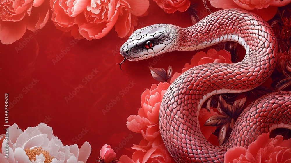 A stunning image showcasing a snake entwined with vibrant peonies, perfect for the Year of the Snake celebrations, themed decor, or artistic projects. A stunning image showcasing a snake entwined with vibrant peonies, perfect for the Year of the Snake celebrations, themed decor, or artistic projects.