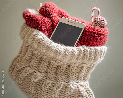 Cozy Knitted Christmas Cradling a Smartphone Radiating Holiday Joy photo