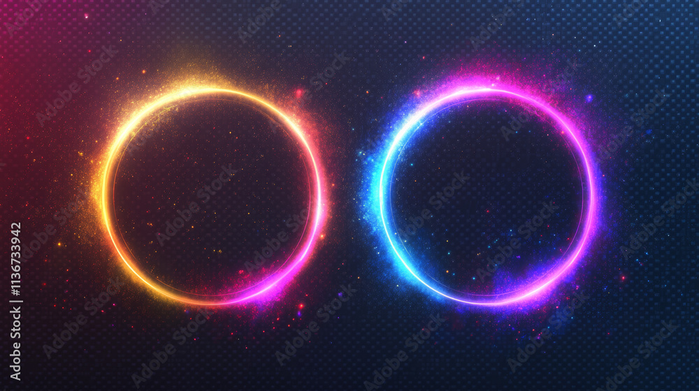 Abstract halo light effects set isolated on transparent background. Vector realistic illustration of neon turquoise, blue, green rings glowing in darkness, round frame in cloud of mist with sparkles Abstract halo light effects set isolated on transparent background. Vector realistic illustration of neon turquoise, blue, green rings glowing in darkness, round frame in cloud of mist with sparkles