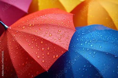 Colorful umbrellas covered in raindrops during a rainy day photo