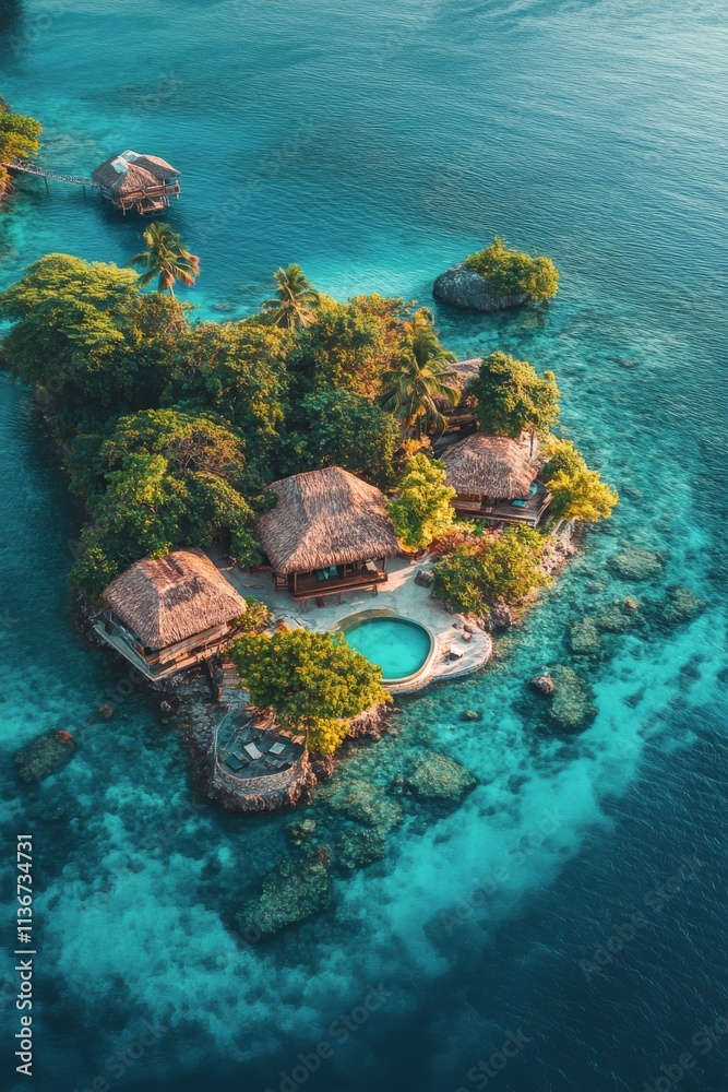 Fototapeta premium Tropical island retreat with bungalows surrounded by clear turquoise waters