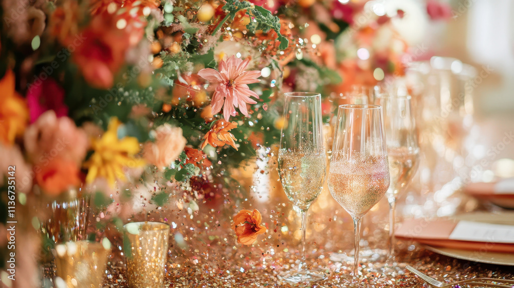 Romantic Wedding Reception Decor with Champagne Flutes and Glittering Table Setting