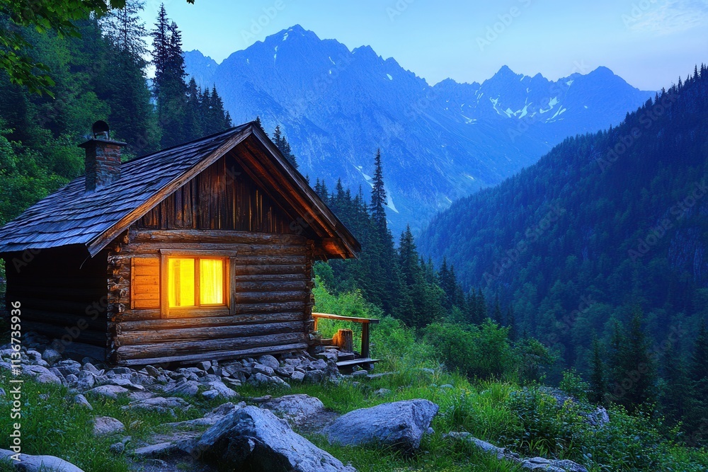 Fototapeta premium A home nestled in the woods. A cabin set against a backdrop of stones. An evening scene featuring a house. Lights are on in the residences