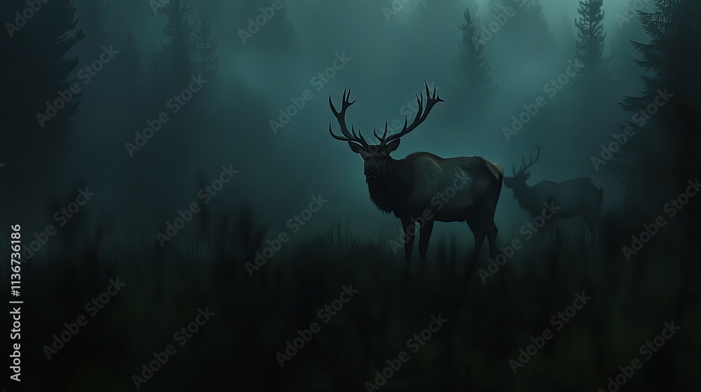 Obraz premium Majestic male elk stands in a misty forest, showcasing its impressive antlers against a backdrop of ethereal fog.