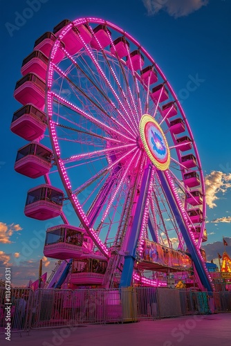 Colorful ferris wheel illuminated against a sunset sky at an amusement park photo