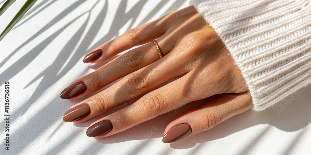 Fototapeta premium Close-up of a Girl's Hand with Mocha Mousse Manicure on White Background with Shadows.