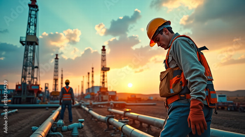 Oil Worker Working in Oilfield With Pumpjacks and Pipelines  In Background