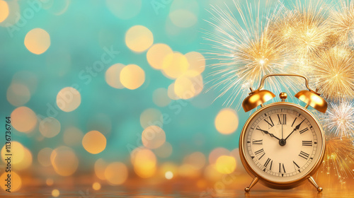 A golden clock strikes midnight against a backdrop of sparkling fireworks and festive bokeh lights, capturing the essence of a celebratory New Year?s Eve.