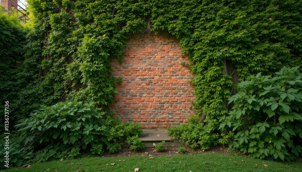 Ivy-covered brick wall with a green garden surrounding in a tranquil outdoor setting Ivy-covered brick wall with a green garden surrounding in a tranquil outdoor setting