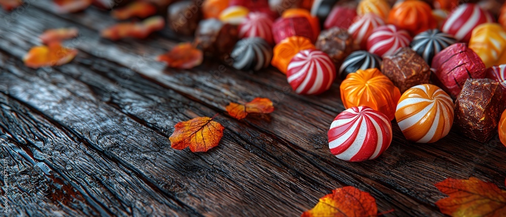 Rotating Pumpkin-Shaped Candy with Autumn Leaves on Wooden Table for Halloween Rotating Pumpkin-Shaped Candy with Autumn Leaves on Wooden Table for Halloween