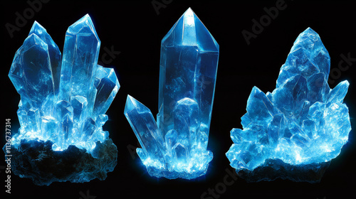 Crystal clusters with blue glowing light aura, quartz or crystalline mineral. Unfaceted rough glowing rocks stalagmites, isolated jewelry precious or semiprecious gem stones, Realistic 3d vector set photo