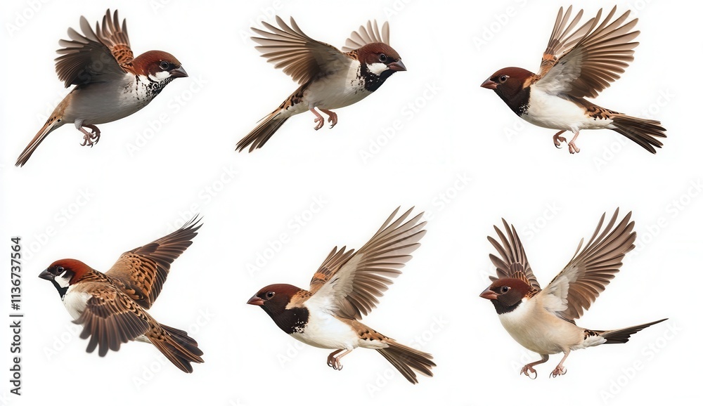 Obraz premium A group of sparrows spreading their wings and feathers in flight against a white background