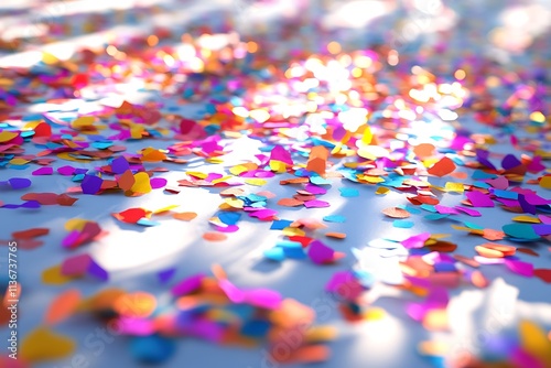 Vibrant confetti scattered on a clean white surface with a festive glow, multicolor shapes catching light for a celebratory feel. photo